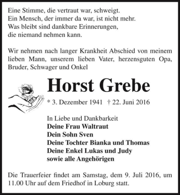 Traueranzeige von Horst Grebe  von Magdeburger Volksstimme