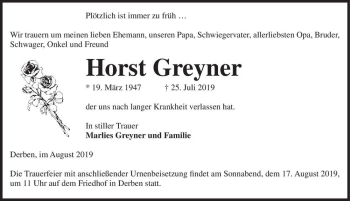 Traueranzeige von Horst Greyner  von Magdeburger Volksstimme