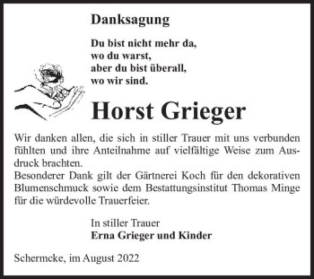 Traueranzeige von Horst Grieger  von Magdeburger Volksstimme