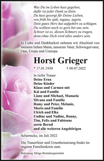 Traueranzeige von Horst Grieger  von Magdeburger Volksstimme