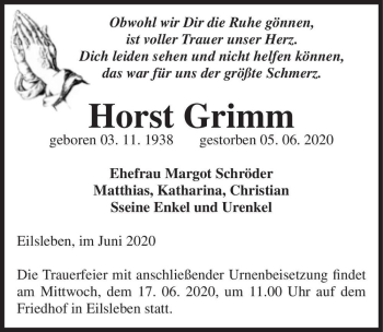 Traueranzeige von Horst Grimm  von Magdeburger Volksstimme