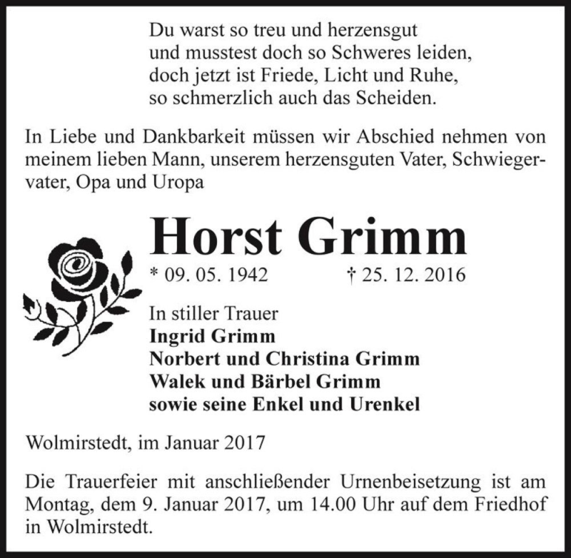  Traueranzeige für Horst Grimm  vom 04.01.2017 aus Magdeburger Volksstimme