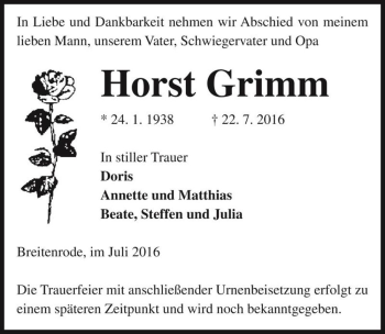 Traueranzeige von Horst Grimm  von Magdeburger Volksstimme