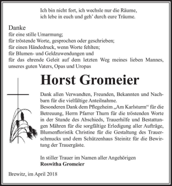 Traueranzeige von Horst Gromeier  von Magdeburger Volksstimme