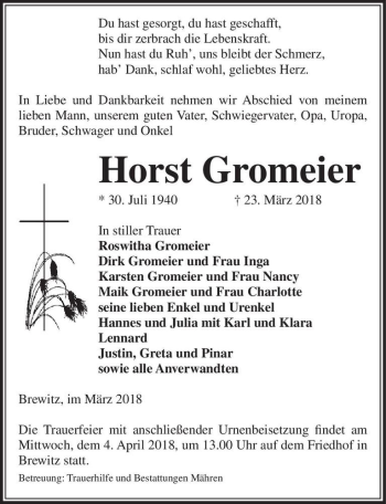 Traueranzeige von Horst Gromeier  von Magdeburger Volksstimme