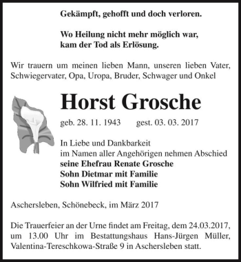 Traueranzeige von Horst Grosche  von Magdeburger Volksstimme