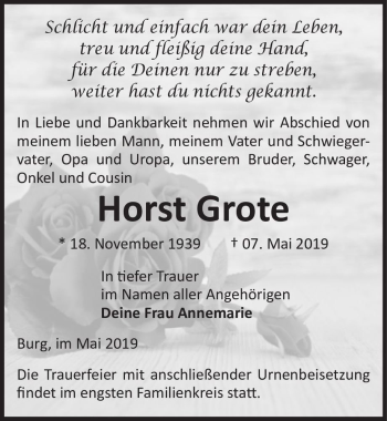 Traueranzeige von Horst Grote  von Magdeburger Volksstimme
