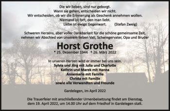 Traueranzeige von Horst Grothe  von Magdeburger Volksstimme