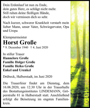 Traueranzeige von Horst Große  von Magdeburger Volksstimme