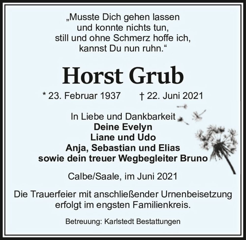  Traueranzeige für Horst Grub  vom 26.06.2021 aus Magdeburger Volksstimme