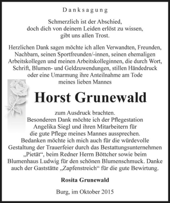 Traueranzeige von Horst Grunewald  von Magdeburger Volksstimme