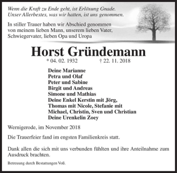 Traueranzeige von Horst Gründemann  von Magdeburger Volksstimme