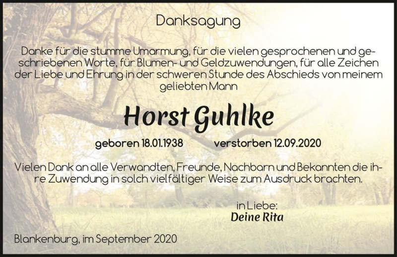  Traueranzeige für Horst Guhlke  vom 10.10.2020 aus Magdeburger Volksstimme