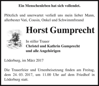 Traueranzeige von Horst Gumprecht  von Magdeburger Volksstimme