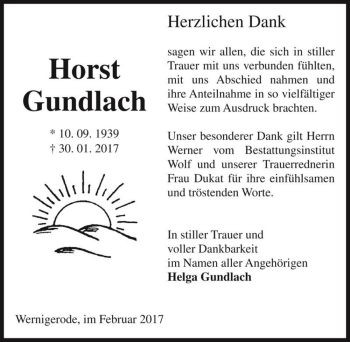 Traueranzeige von Horst Gundlach  von Magdeburger Volksstimme