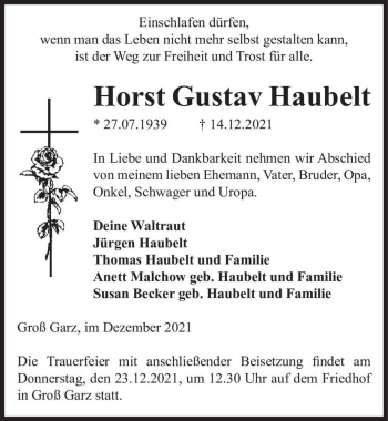Traueranzeige von Horst Gustav Haubelt  von Magdeburger Volksstimme