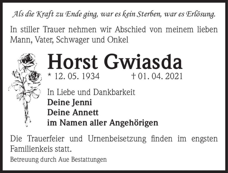  Traueranzeige für Horst Gwiasda  vom 17.04.2021 aus Magdeburger Volksstimme