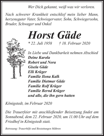 Traueranzeige von Horst Gäde  von Magdeburger Volksstimme
