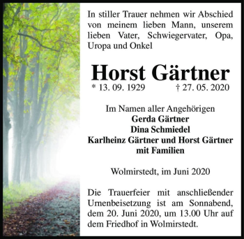 Traueranzeige von Horst Gärtner  von Magdeburger Volksstimme