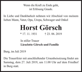 Traueranzeige von Horst Görsch  von Magdeburger Volksstimme