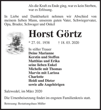 Traueranzeige von Horst Görtz  von Magdeburger Volksstimme
