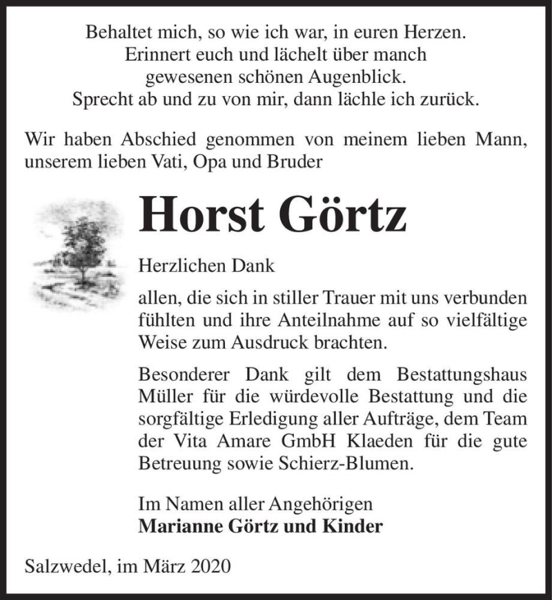  Traueranzeige für Horst Görtz  vom 09.04.2020 aus Magdeburger Volksstimme