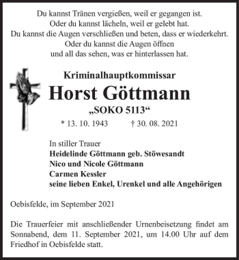 Traueranzeige von Horst Göttmann ,,SOKO 5113