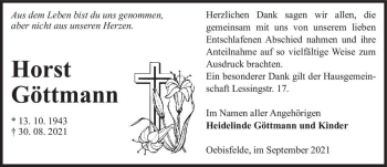 Traueranzeige von Horst Göttmann  von Magdeburger Volksstimme