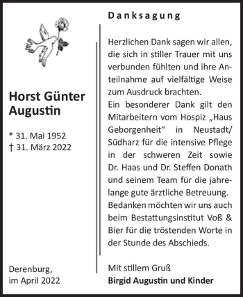 Traueranzeige von Horst Günter Augustin  von Magdeburger Volksstimme