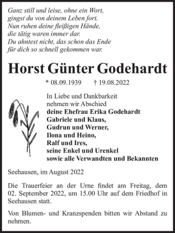 Traueranzeige von Horst Günter Godehardt  von Magdeburger Volksstimme