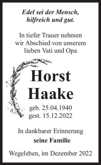 Traueranzeige von Horst Haake  von Magdeburger Volksstimme