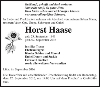 Traueranzeige von Horst Haase  von Magdeburger Volksstimme