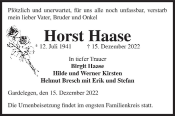 Traueranzeige von Horst Haase  von Magdeburger Volksstimme