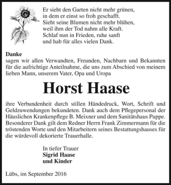 Traueranzeige von Horst Haase  von Magdeburger Volksstimme