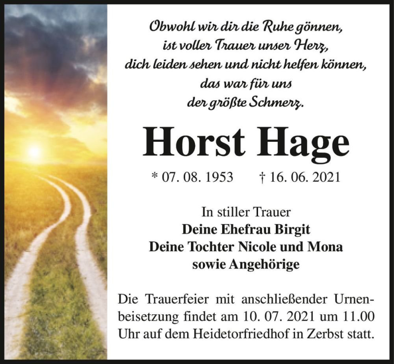  Traueranzeige für Horst Hage  vom 26.06.2021 aus Magdeburger Volksstimme