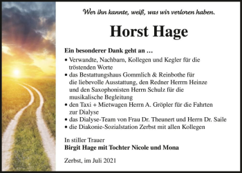 Traueranzeige von Horst Hage  von Magdeburger Volksstimme