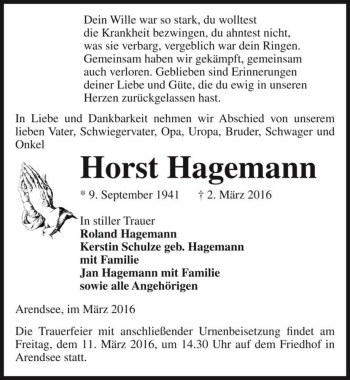 Traueranzeige von Horst Hagemann  von Magdeburger Volksstimme