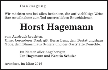Traueranzeige von Horst Hagemann  von Magdeburger Volksstimme