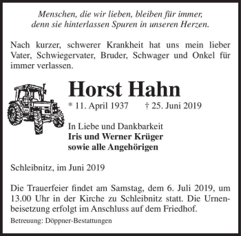 Traueranzeige von Horst Hahn  von Magdeburger Volksstimme