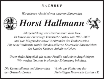 Traueranzeige von Horst Hallmann  von Magdeburger Volksstimme