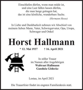 Traueranzeige von Horst Hallmann  von Magdeburger Volksstimme