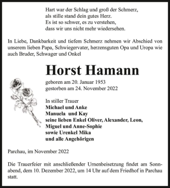 Traueranzeige von Horst Hamann  von Magdeburger Volksstimme