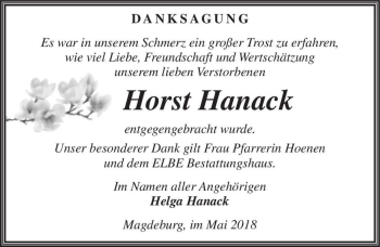 Traueranzeige von Horst Hanack  von Magdeburger Volksstimme