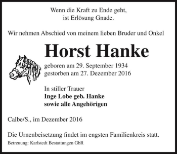 Traueranzeige von Horst Hanke  von Magdeburger Volksstimme