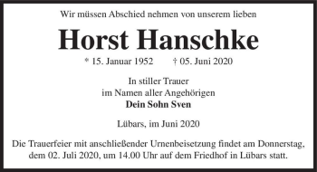 Traueranzeige von Horst Hanschke  von Magdeburger Volksstimme