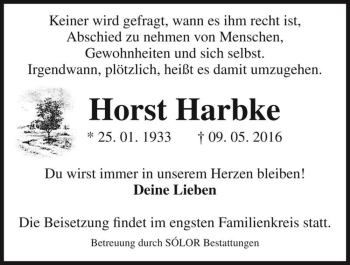 Traueranzeige von Horst Harbke  von Magdeburger Volksstimme