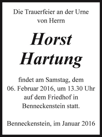 Traueranzeige von Horst Hartung  von Magdeburger Volksstimme