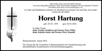Traueranzeige von Horst Hartung  von Magdeburger Volksstimme
