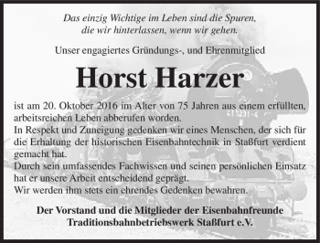 Traueranzeige von Horst Harzer  von Magdeburger Volksstimme