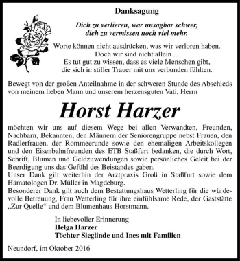 Traueranzeige von Horst Harzer  von Magdeburger Volksstimme